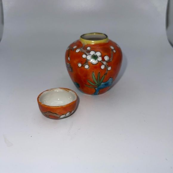 Orange cherry blossom bird floral ginger jar 3” hand painted - Picture 4 of 6